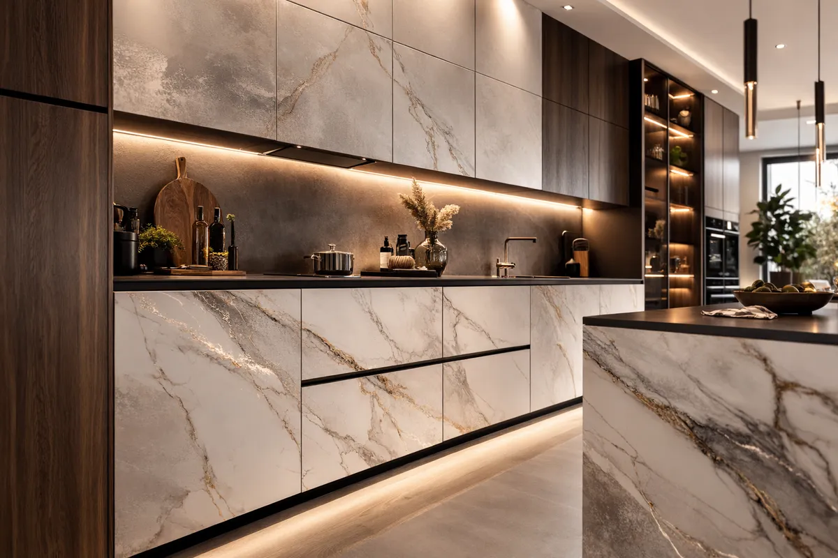 Cuisine luxueuse avec revêtement marbre et bois